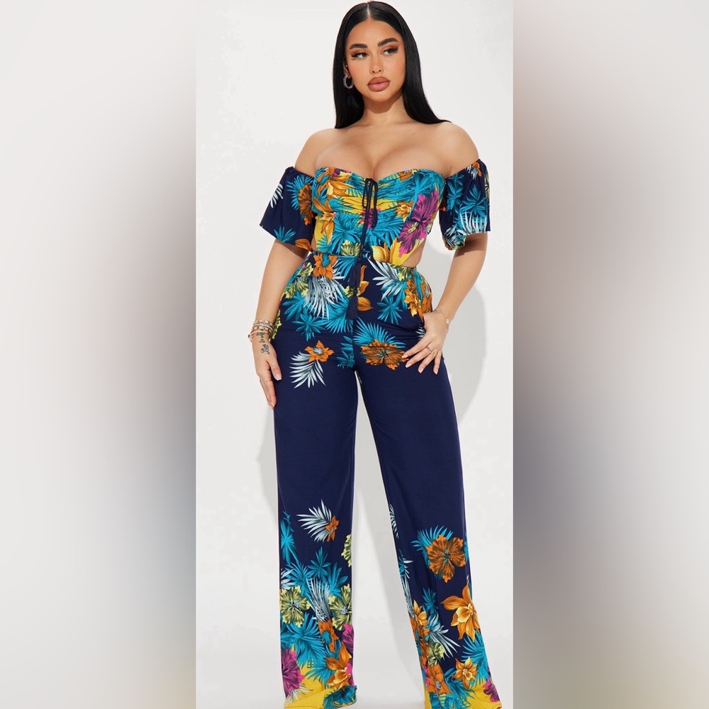 Fashion Nova Navy Tropical Off-Shoulder Wide-Leg Jumpsuit